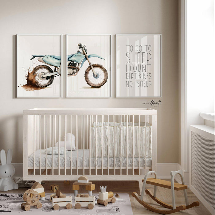 Dirt bike wall art set of 3, motocross dyptich dirt splatters, to go to sleep I count dirt bikes not sheep, motocross nursery playroom gift
