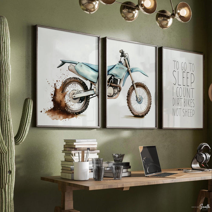 Dirt bike wall art set of 3, motocross dyptich dirt splatters, to go to sleep I count dirt bikes not sheep, motocross nursery playroom gift