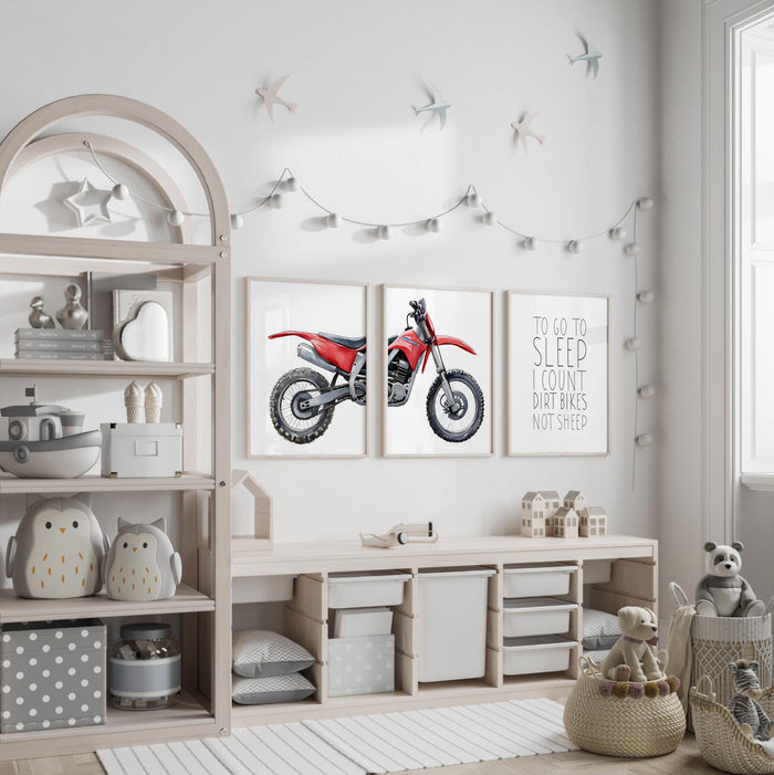 Red dirt bike wall art set of 3, watercolor motocross prints with quote ‘To go to sleep I count dirt bikes not sheep,’ boys room decor