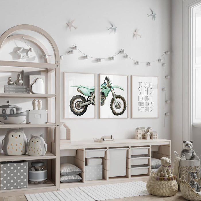 Teal green dirt bike wall art set of 3, watercolor motocross prints with quote ‘To go to sleep I count dirt bikes not sheep,’ boy room decor