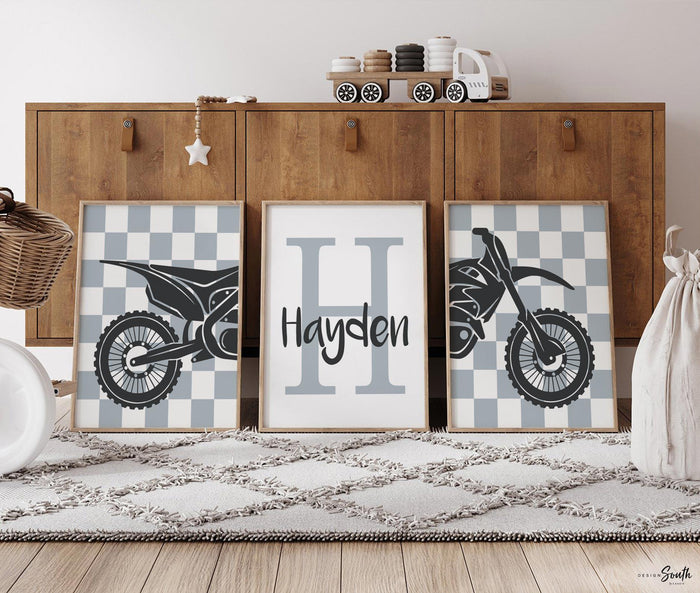 Dirt bike room, customized name motocross dirt bike wall art boys room, dirt bike theme bedroom playroom nursery, boys gift dirt bike gray