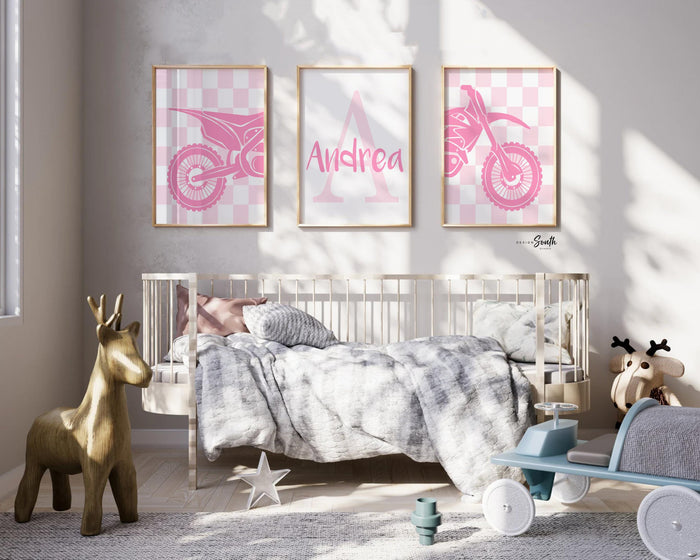 Pink dirt bike wall art set, girls motocross racing prints, personalized moto girl bedroom decor, motorbike wall art for nursery