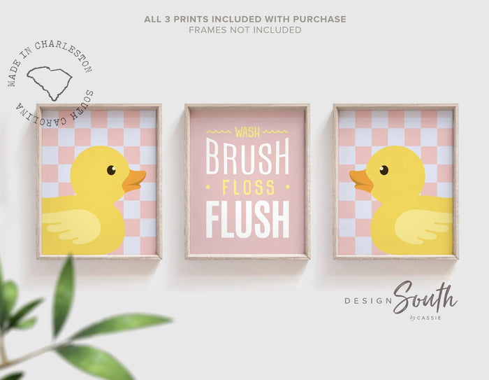 Rubber Duckie Bathroom Prints: Pink & Yellow Baby Girl Decor (UNFRAMED)