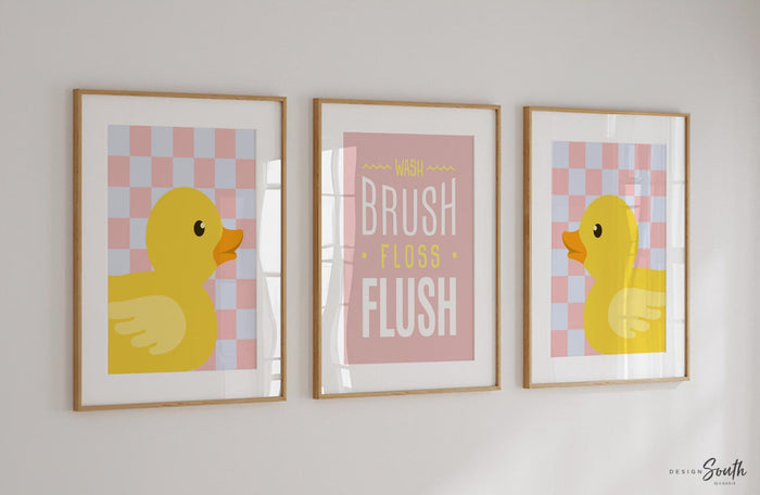 Rubber Duckie Bathroom Prints: Pink & Yellow Baby Girl Decor (UNFRAMED)