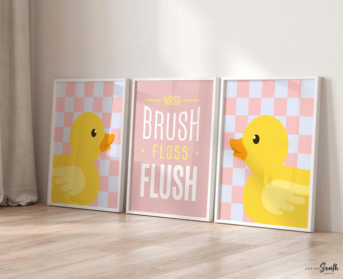 Rubber Duckie Bathroom Prints: Pink & Yellow Baby Girl Decor (UNFRAMED)