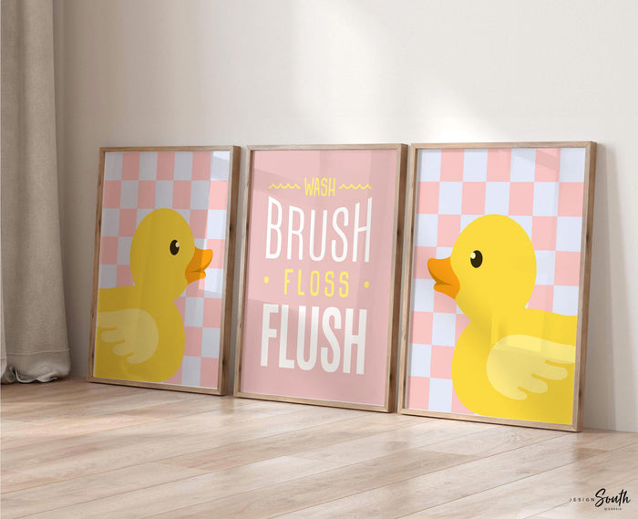 Rubber Duckie Bathroom Prints: Pink & Yellow Baby Girl Decor (UNFRAMED)
