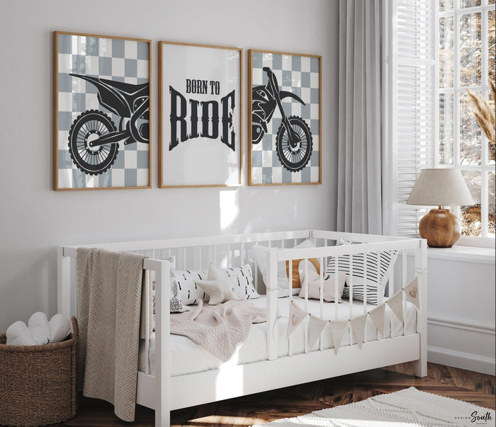 Dirt bike wall art set of 3, motocross diptych with gray checkered backgrounds and quote print ‘Born to Ride,’ boys room decor