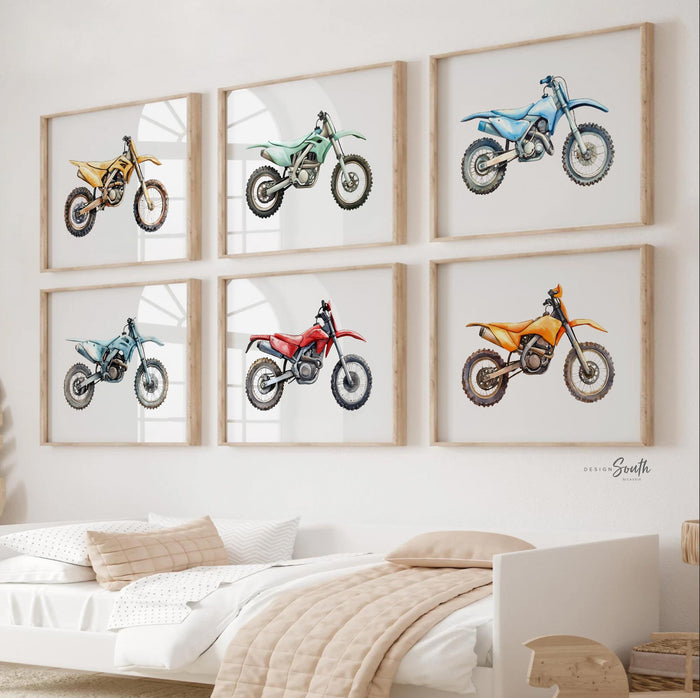 Dirt bike wall art set 6, motocross prints boys room nursery, dirt bike bedroom decor, motocross racing wall art gift, dirt bike collection