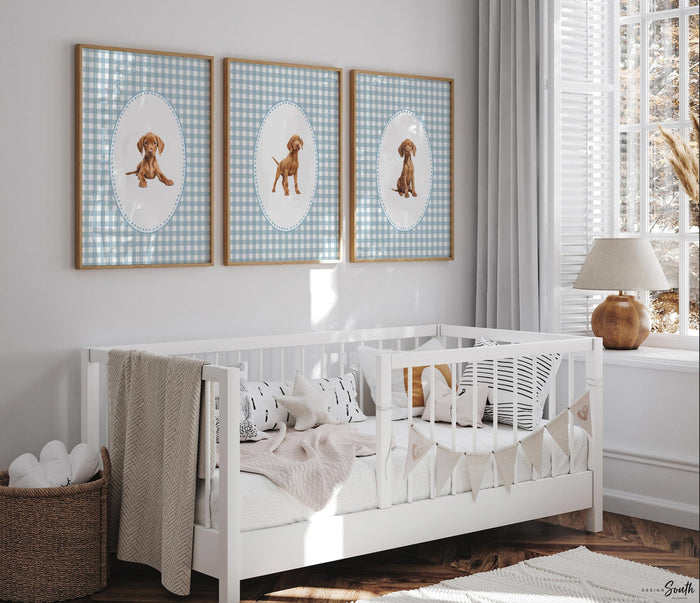 Vizsla dog wall art set, Hungarian pointer nursery prints, blue gingham pattern decor, toddler boy room, bird dog artwork