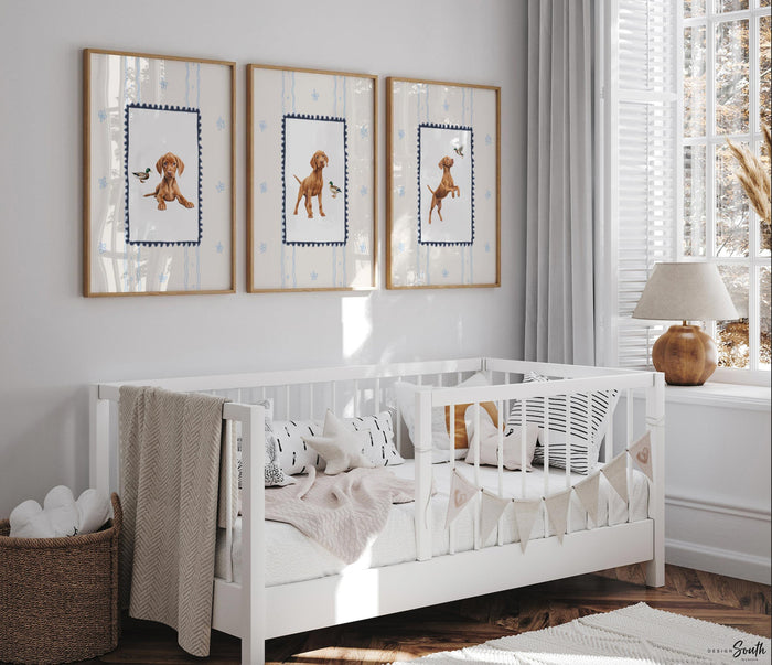 Hungarian Vizsla pointer wall art, bird dog nursery decor, duck hunter print set navy blue ivory whimsical, boy room Vizsla dog mallard duck