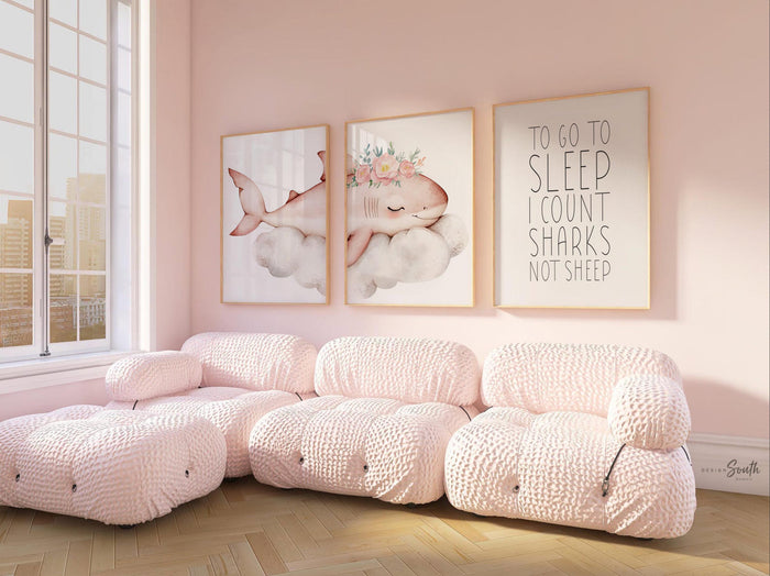 Girl Pink Shark Nursery Art Prints: Watercolor Ocean Theme, 'To Go To Sleep I Count Sharks Not Sheep' Quote