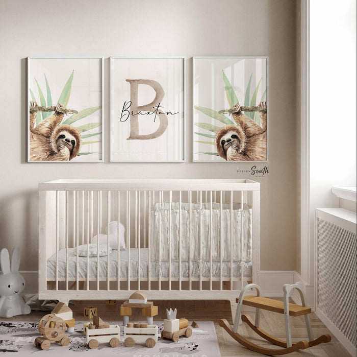 Sloth Nursery Wall Art for Boys: Tropical Watercolor Prints with Personalized Name