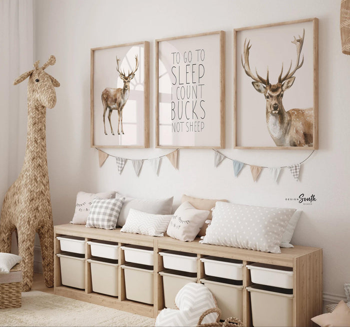 Deer Wall Art Set of 3 with Quote ‘To Go To Sleep I Count Bucks Not Sheep,’ Watercolor Buck Prints, Rustic Woodland Nursery Decor