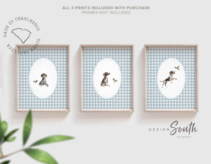 German Shorthaired Pointer Puppy Print Set: Baby Blue Gingham Check Nursery Decor