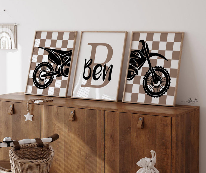 Personalized Dirt Bike Nursery Art: Boys Room Decor, Blue & Brown Taupe Prints