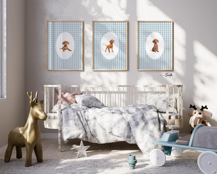 Vizsla dog wall art set, Hungarian pointer nursery prints, blue gingham pattern decor, toddler boy room, bird dog artwork