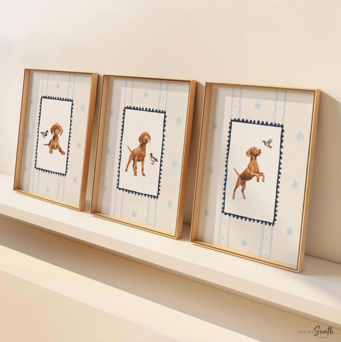 Hungarian Vizsla pointer wall art, bird dog nursery decor, duck hunter print set navy blue ivory whimsical, boy room Vizsla dog mallard duck