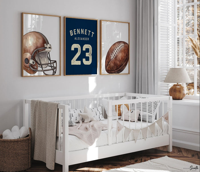 Navy Blue Football Wall Art Set of 3, Personalized Name & Number Prints with Football Helmet, Boys Sports Bedroom or Nursery Decor