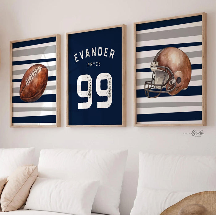 Personalized Navy Football Wall Art: Boy's Sports Room Decor, Set of 3