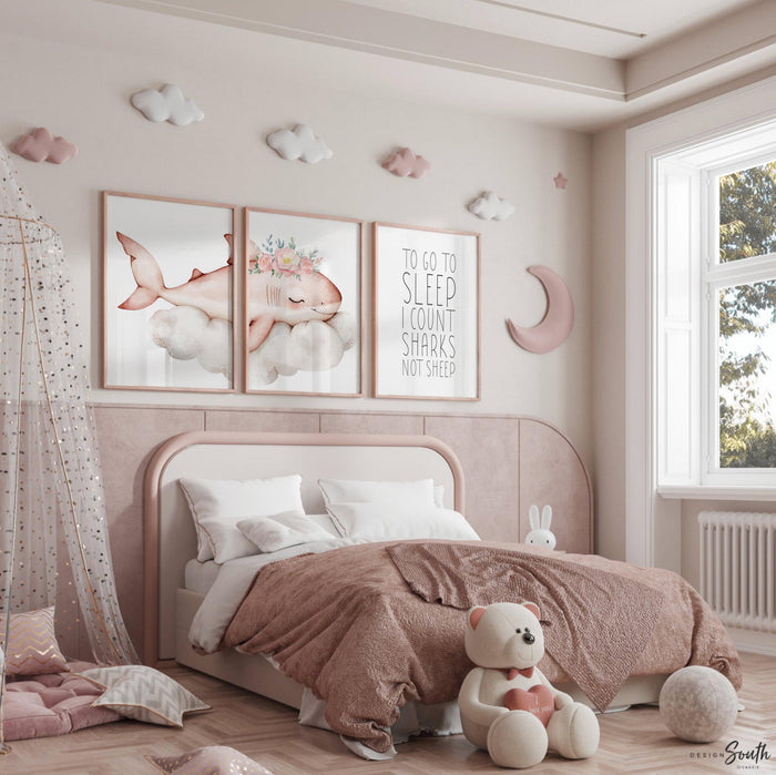 Girl Pink Shark Nursery Art Prints: Watercolor Ocean Theme, 'To Go To Sleep I Count Sharks Not Sheep' Quote