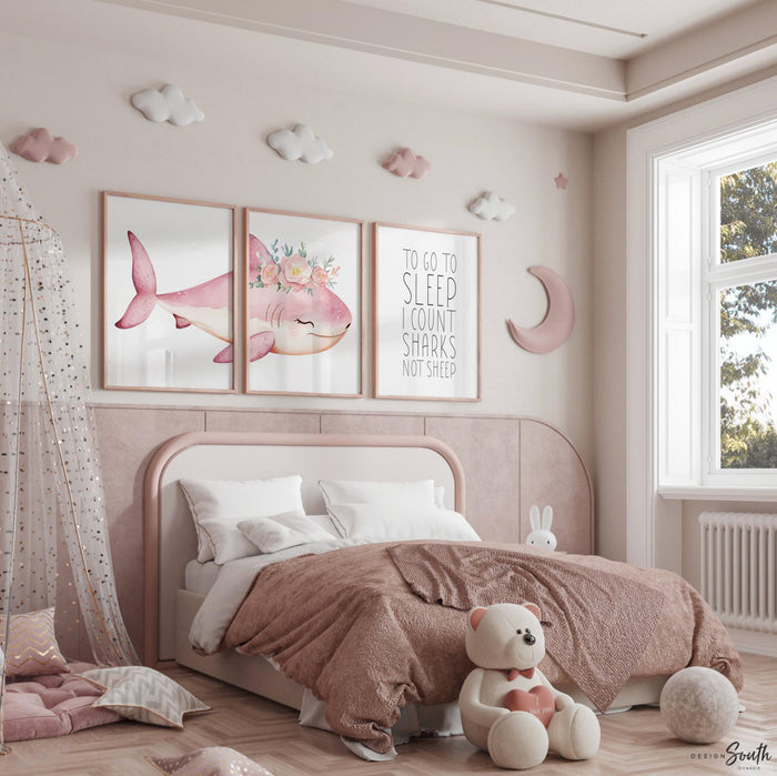 Pink Shark Wall Art for Girls: Watercolor Ocean Nursery Prints with 'To Go To Sleep I Count Sharks Not Sheep' Quote