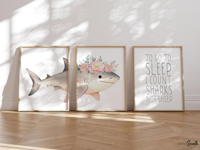 Whimsical Pink Shark Nursery Wall Art: Ocean-Inspired Prints with Bedtime Quote for Girls Room