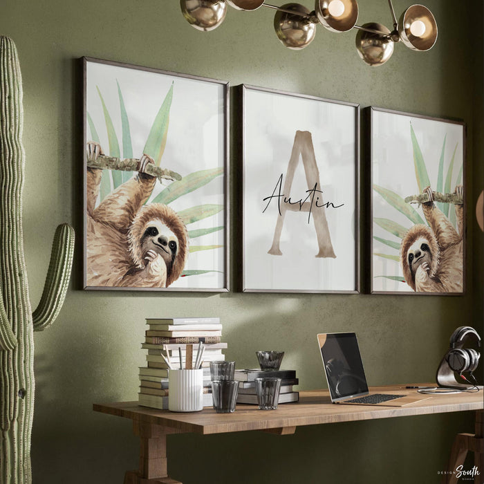 Sloth Nursery Wall Art for Boys: Tropical Watercolor Prints with Personalized Name