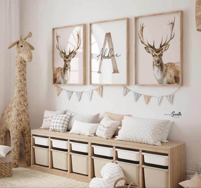 Hunter Nursery Wall Art Set of 3, Personalized Boys Name & Initial Prints, Watercolor Deer Decor, Neutral Forest Bedroom