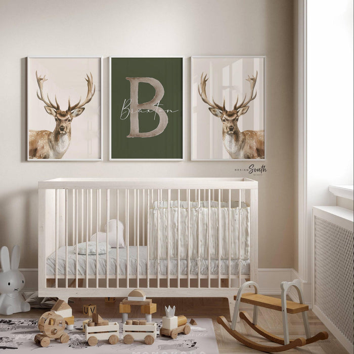 Hunter Green Deer Wall Art Set of 3, Personalized Boys Name & Initial Prints, Watercolor Buck Nursery Decor, Buck Deer Theme Bedroom