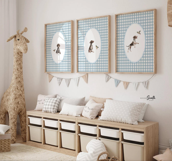 German Shorthaired Pointer Puppy Print Set: Baby Blue Gingham Check Nursery Decor