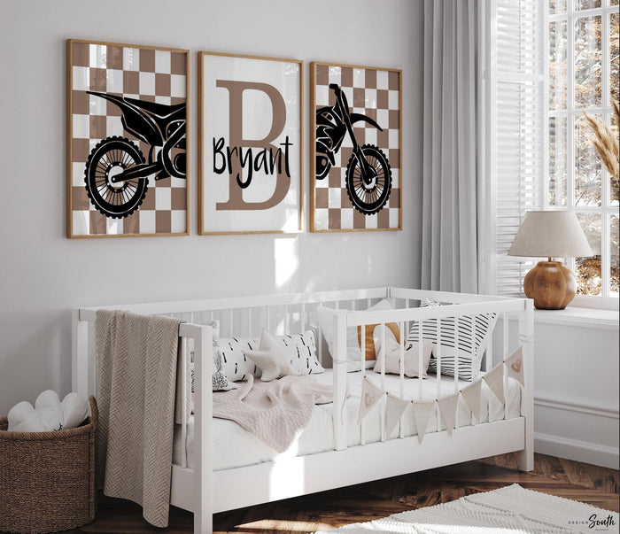 Personalized Dirt Bike Nursery Art: Boys Room Decor, Blue & Brown Taupe Prints