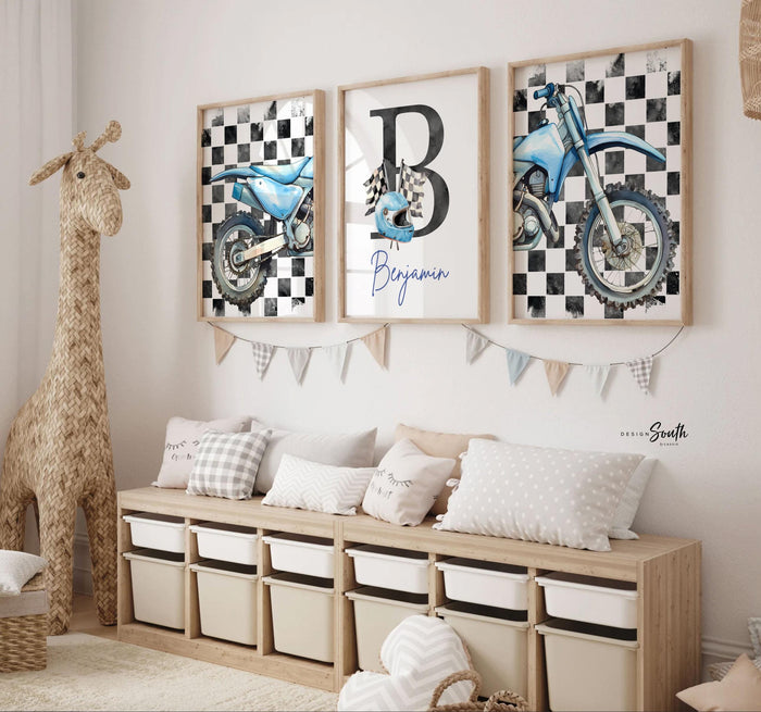 Personalized Dirt Bike Wall Art: Checkered Flag Prints with Name Initial, Boys Room Decor