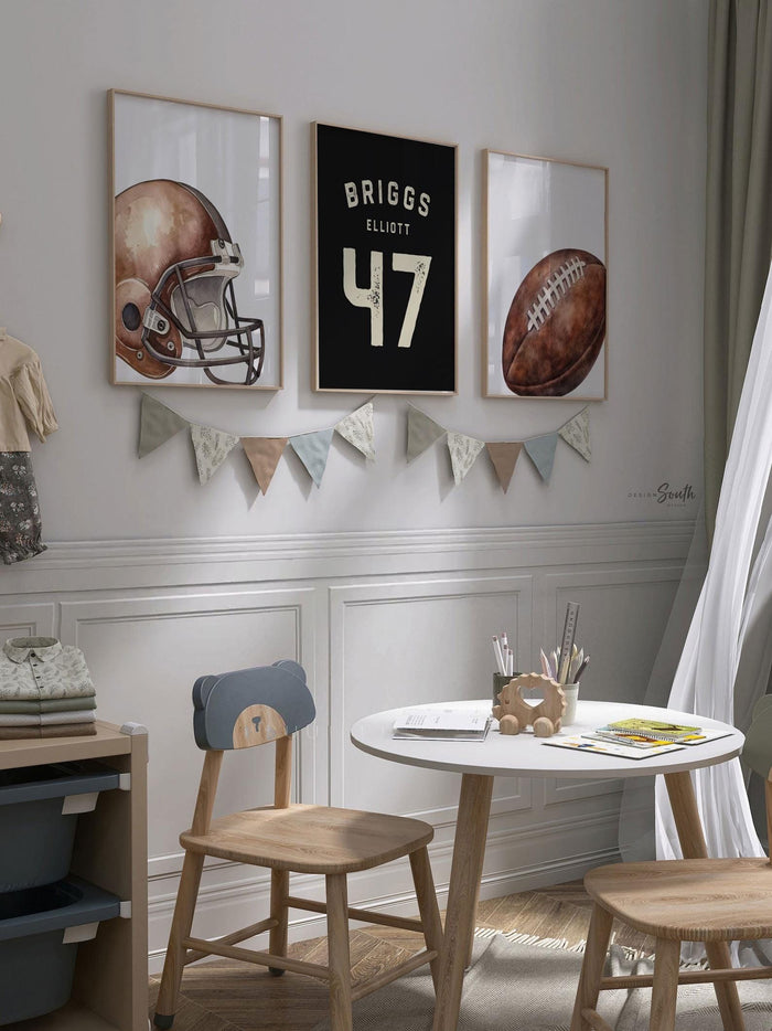 Personalized Football Wall Art Set of 3, Custom Name & Number Prints with Football Helmet, Boys Sports Bedroom or Nursery Decor