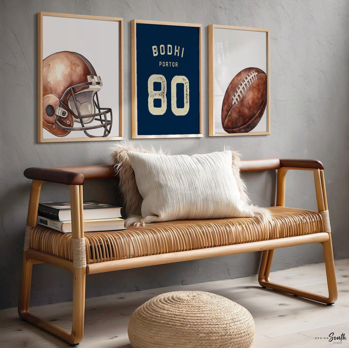 Navy Blue Football Wall Art Set of 3, Personalized Name & Number Prints with Football Helmet, Boys Sports Bedroom or Nursery Decor