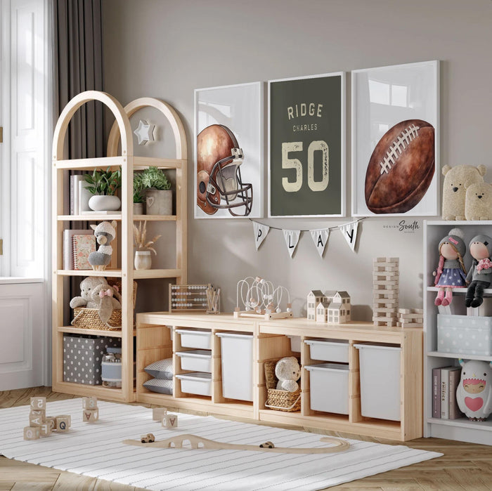 Personalized Football Wall Art Prints Set of 3, Custom Name & Number with Football Helmet, Boys Sports Bedroom or Playroom Decor