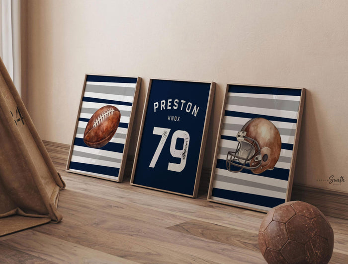 Personalized Navy Football Wall Art: Boy's Sports Room Decor, Set of 3