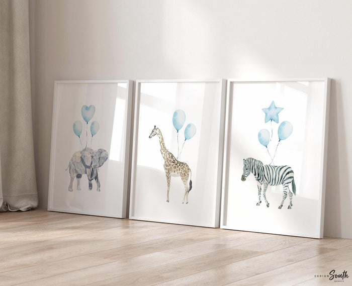 Safari Animal Nursery Art Prints: Zebra, Elephant, Giraffe - Baby Blue Balloons