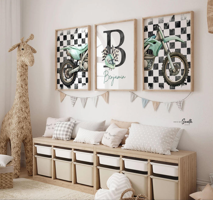 Personalized Dirt Bike Wall Art: Checkered Flag Prints with Name Initial, Boys Room Decor