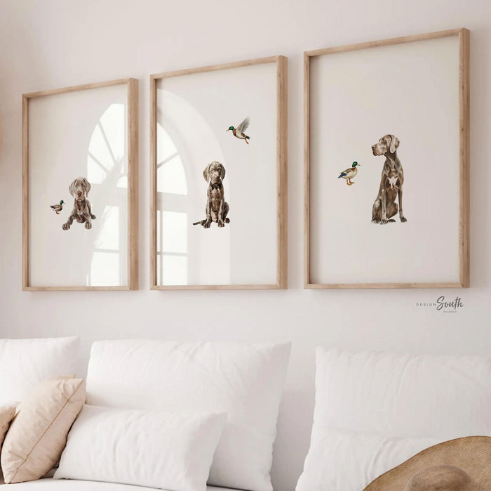 Weimaraner Puppy & Mallard Duck Nursery Art Prints: Boys Room Decor