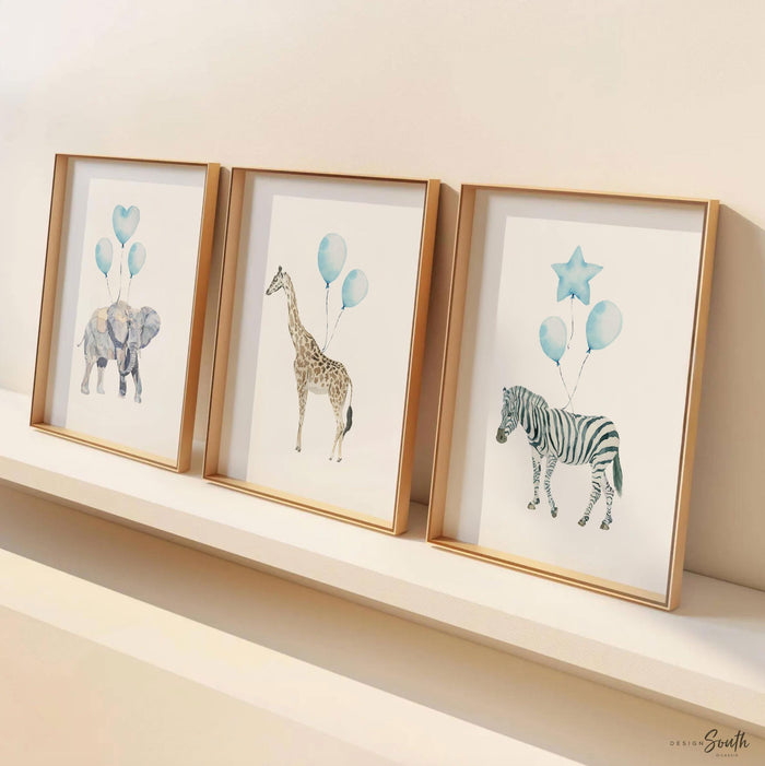 Safari Animal Nursery Art Prints: Zebra, Elephant, Giraffe - Baby Blue Balloons