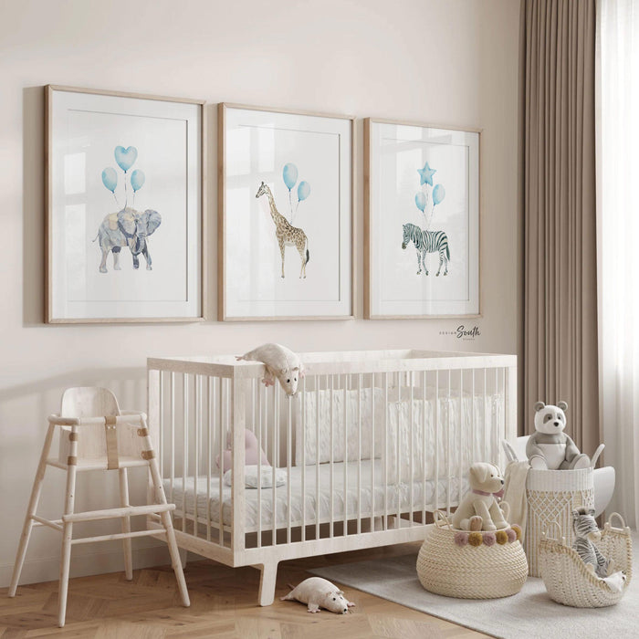 Safari Animal Nursery Art Prints: Zebra, Elephant, Giraffe - Baby Blue Balloons