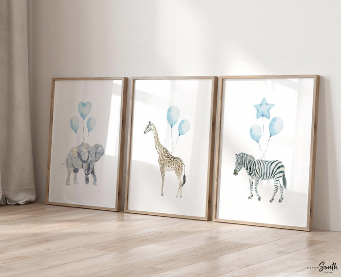 Safari Animal Nursery Art Prints: Zebra, Elephant, Giraffe - Baby Blue Balloons