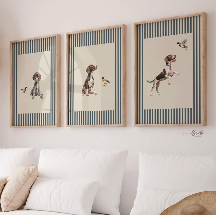 Vintage Bird Dog Print Set: German Shorthaired Pointer Puppy Art in Blue & Neutral Stripes