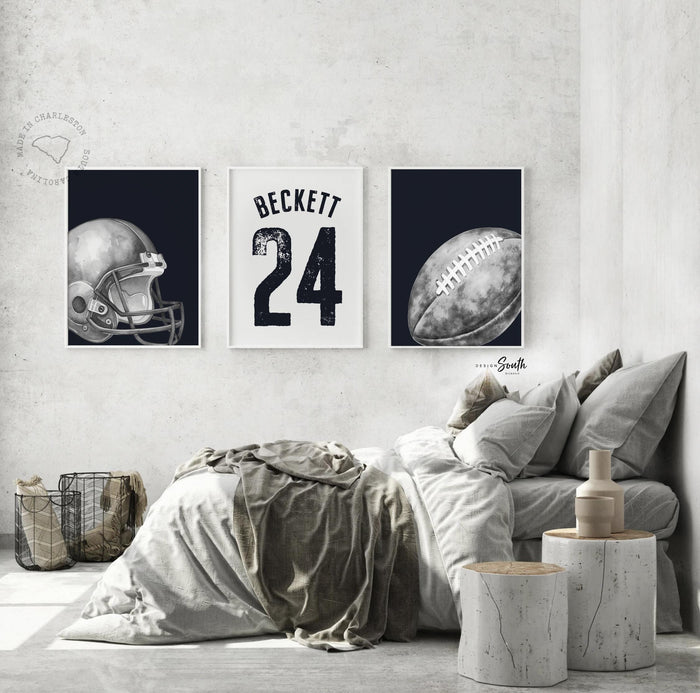 Custom Name Football Wall Art, Black and White Sports Prints, Helmet, Jersey and Ball, Set of 3