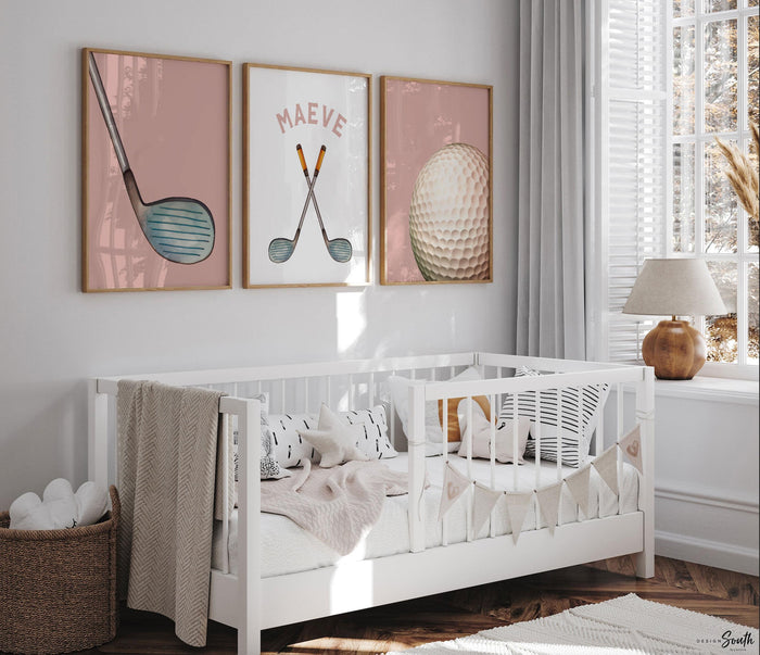 Golf Girl Nursery Wall Art Set of 3, Pink Golf Themed Room Decor, Watercolor Golf Cart & Clubs Prints for Girls Room