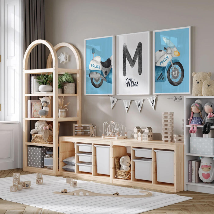 Personalized Police Motorcycle Nursery Prints – Set of 3 Boys Room Decor