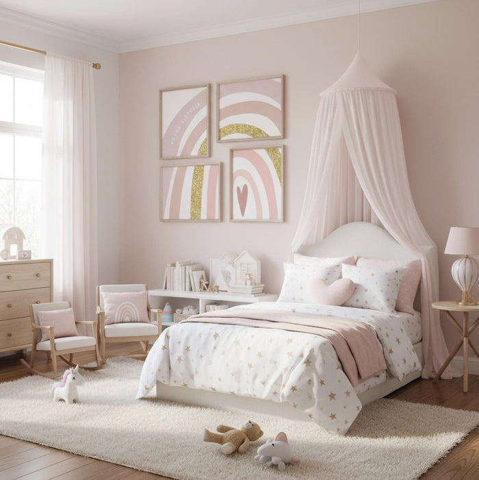 Personalized Twin Girls Room Art: Pink Gold Rainbow Prints