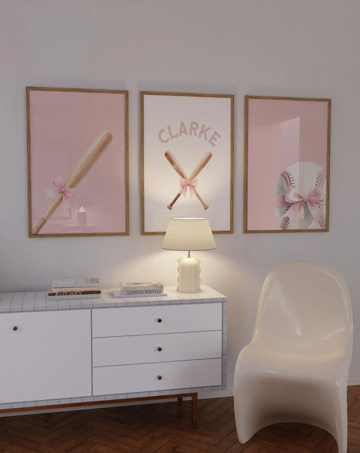 Custom Name Softball Wall Art – Soft Pastel Set of 3 with Ball, Bats & Bow – Sports Theme for Girl Nursery or Bedroom