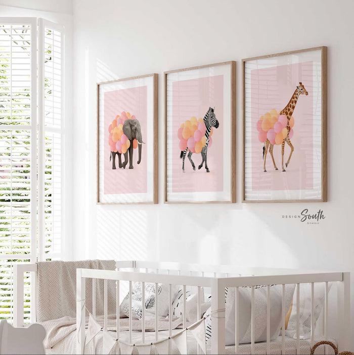 Pink Safari Animal Prints – Set of 3 Watercolor Wall Art with Balloons – Elephant, Zebra & Giraffe Nursery Decor