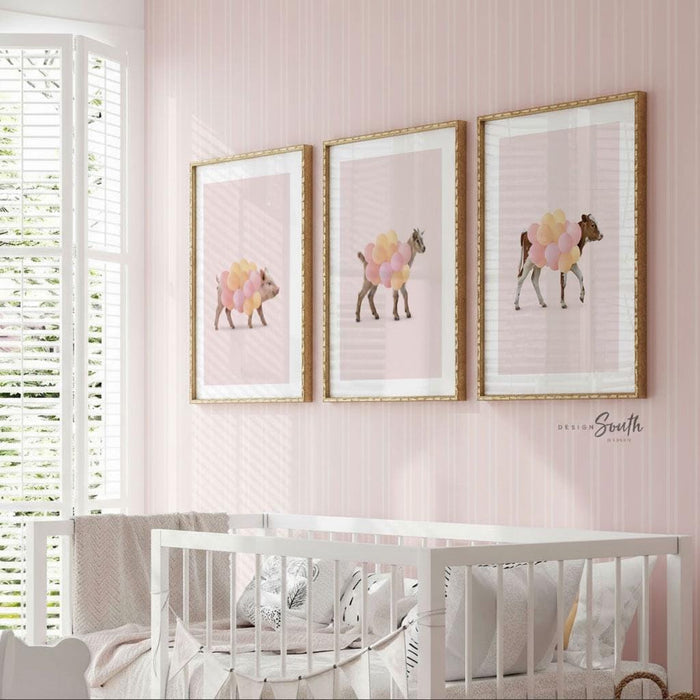 Farm Animal Nursery Prints – Pastel Pink Cow, Goat, Pig with Balloons